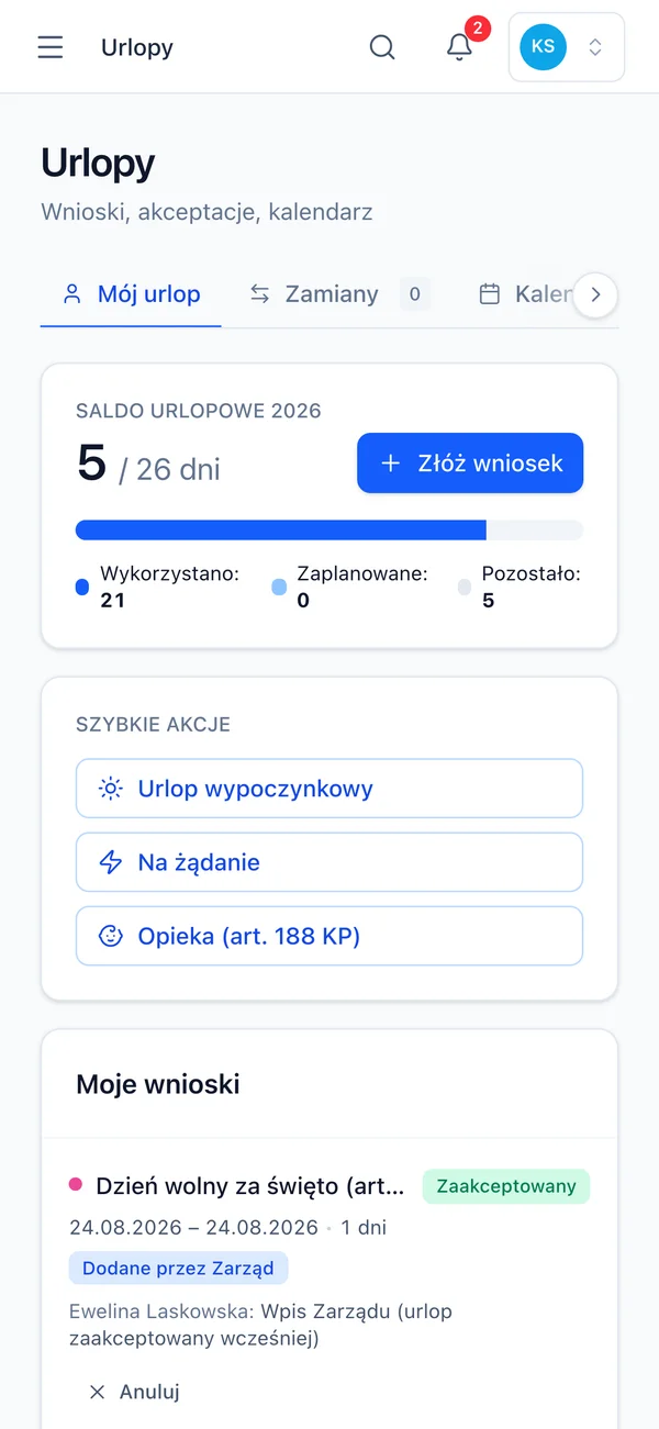 Moduł urlopów w aplikacji mobilnej — dane fikcyjne