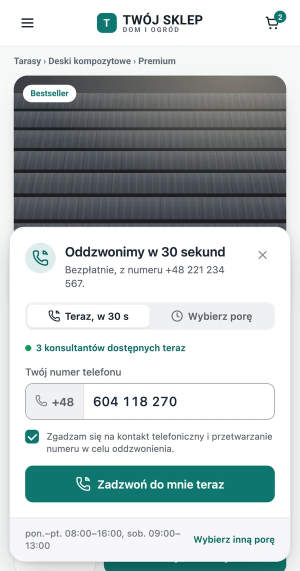 Widżet na stronie sklepu: formularz z numerem telefonu do oddzwonienia, dane fikcyjne