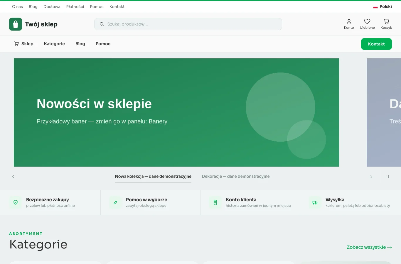 Silnik sklepu: strona główna z wyszukiwarką, menu i banerem oznaczonym jako demonstracyjny.